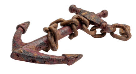 Rusty, weathered anchor with thick chain, isolated on a black background