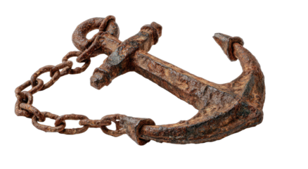 Old, weathered metal anchor with rusted chain against a black background