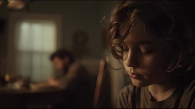 Kid sits motionless at the corner living room. Their hidden eyes and lowered head communicate emotions too heavy to voice, emphasizing the stillness around them.