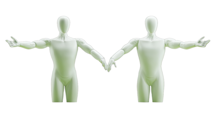Two minimalist mannequins with arms outstretched, hands touching