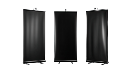 Three black display stands shown from different angles on a transparent background