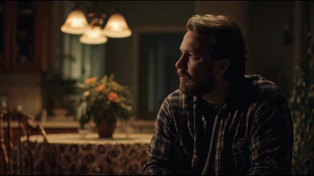 Close-up man, tipped downward in defeat. Faded colors and low contrast suggest emotional exhaustion, hinting at long-standing strain within the household.