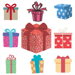 Vector set of 9 colorful gift boxes with ribbons and bows, isolated on white background for holiday and birthday celebration