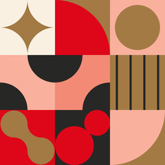 Bauhaus style graphic design background. Minimalist geometric pattern with circles and stripes in a modern color palette.