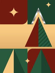 Modern geometric Christmas background or card design. Minimalist abstract composition with trees and stars in classic holiday colors.
