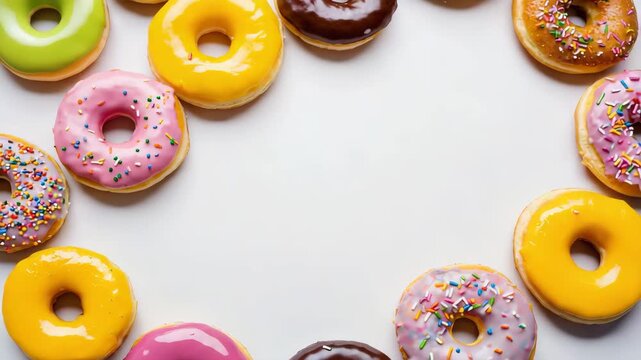 Assorted Glazed Donuts with Sprinkles on White Background &ndash; Top View Collection 4K