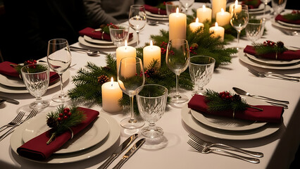 Elegant Christmas Dinner Table Setting with Candles and Pine Garland.