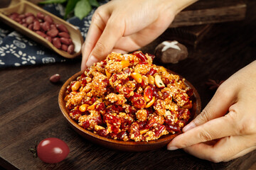 Crispy Chinese Kung Pao Chicken with Red Peppers and Peanuts