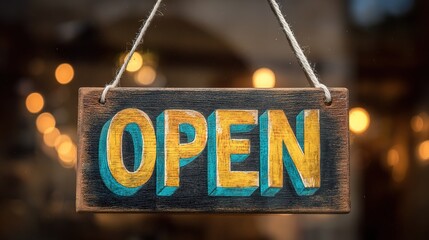 Open sign on rustic wooden board hanging in shop window