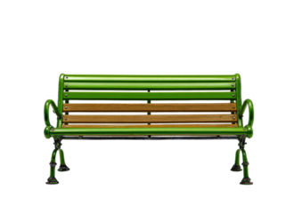 A sturdy green metal park bench with wooden slats, on a dark background
