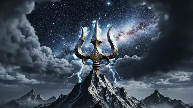 Golden Trident of Shiva Pulsating with Electric Power on a Mountain Peak - Divine Mythology Concept