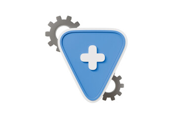 3d blue triangle plus with gears icon. settings optimization concept. minimal cartoon app icon ui button for app banner hero. isolated on white background. 3d render. [chars: 166]