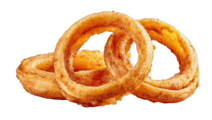Crispy, golden-brown, fried rings of food, piled together on a dark background