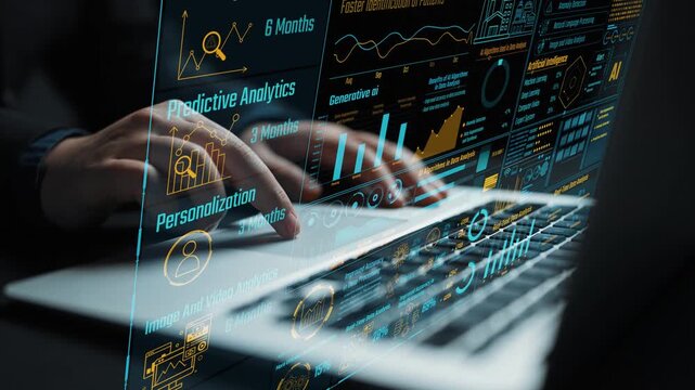 A dynamic data analytics dashboard featuring various charts and statistics overlaid on a laptop screen. This image emphasizes the impact of generative AI in data analysis. Cipher