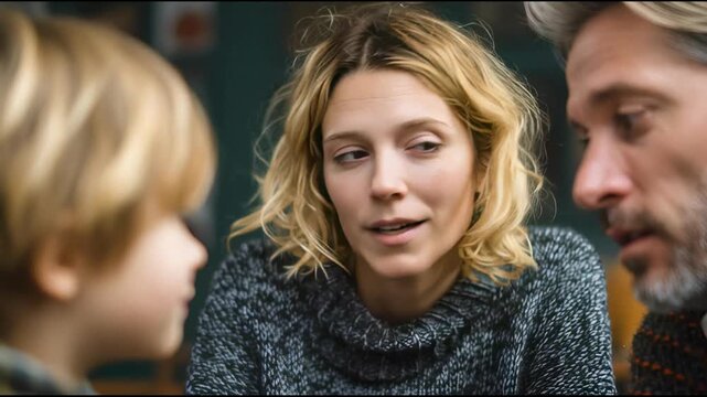 Mother and father attempts to calm a heated discussion, as each participant displays signs of tension and emotional fatigue.