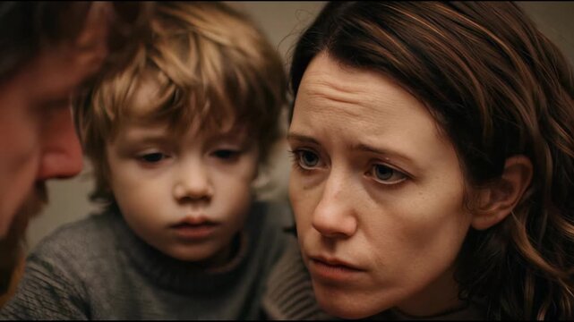 Family members engage in a slow, thoughtful exchange of words, their worried faces showing deep concern and frustration.