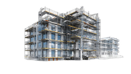 Architectural rendering of a modern building under construction, showing skeletal frame