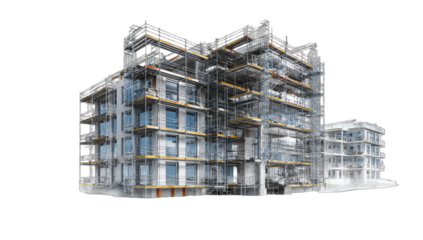 Architectural rendering of a modern building under construction, showing skeletal frame