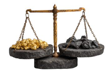 Vintage scale balancing golden nuggets against black coal chunks