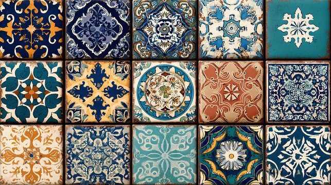Vibrant aged mediterranean style ceramic tiles pattern.