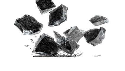 Jagged, translucent, crystalline shards suspended against a stark black background