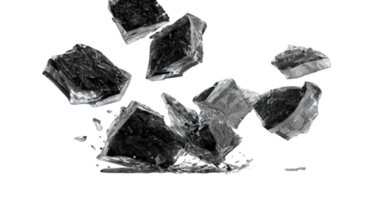 Jagged, translucent, crystalline shards suspended against a stark black background
