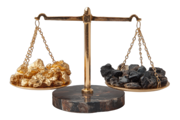 Gold and coal balanced on a brass scale, representing value comparison