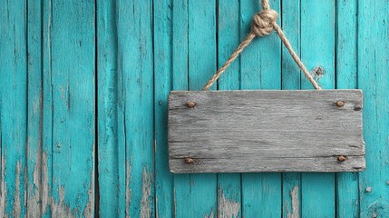Rustic wooden sign board on weathered turquoise plank wall