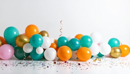 Colorful party balloons with confetti on black background