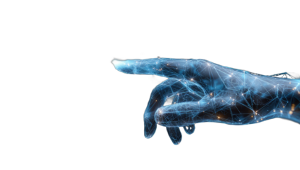 Glowing digital hand pointing forward, against a dark backdrop