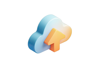 Stylized 3D cloud icon with an upward arrow indicating upload