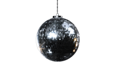 A reflective spherical object with mirrored facets hangs in darkness