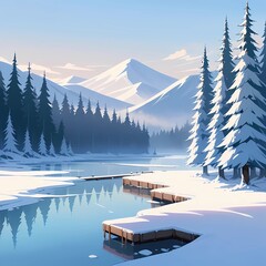 Illustration of serene frozen lake with a worn wooden dock, surrounded by snow-covered evergreen trees.