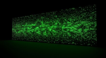 Large, abstract, glowing green wall comprised of interconnected pixelated shapes, on black background