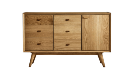 A mid-century modern wooden cabinet with multiple drawers and a door on the right