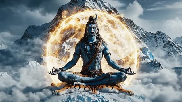 Lord Shiva meditating in the Himalayas with a glowing aura, surrounded by majestic snow-capped mountains and clouds.