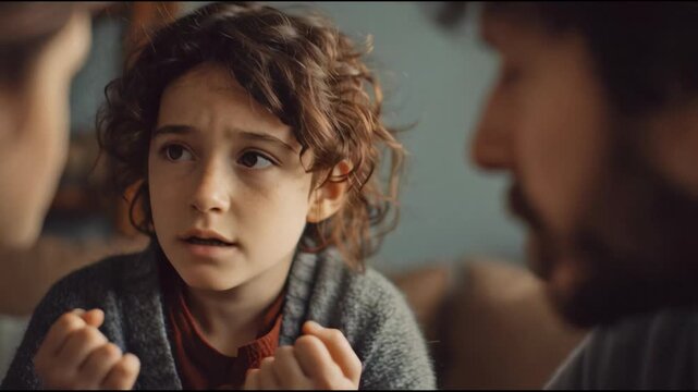 Family and kid around a table in silence, each member reflecting inwardly while struggling to address unresolved emotional pain.