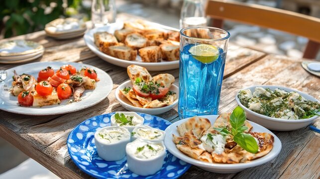 ouzo. Traditional Greek taverna setting with ouzo glass and meze on wooden table. lifestyle magazines, social media lookbooks, designed for influencer and brand collaborations, drives engagement.