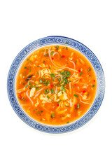 Traditional Chinese Hot and Sour Soup with Noodles in Blue Porcelain Bowl