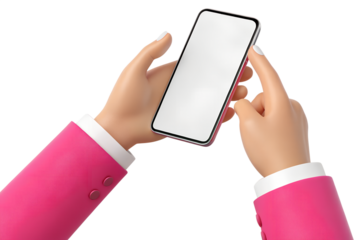 3D Cartoon Hands in Pink Suit Holding and Tapping Blank Smartphone Screen Isolated on White Background