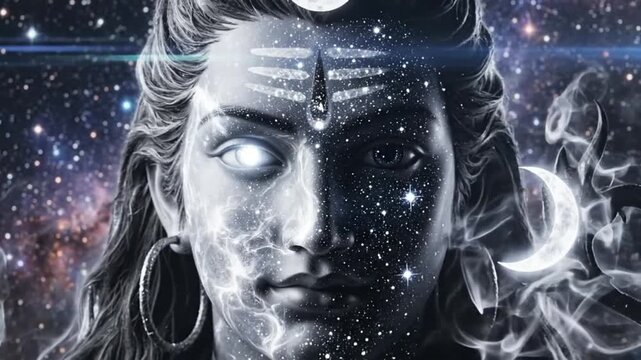 Cosmic Lord Shiva Animated Portrait - Divine Hindu Deity Covered in Stars and Nebula - Mythology