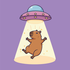 Cute Vector Illustration of a Capybara Being Abducted by Pink UFO with Sparkling Beam on Purple Background