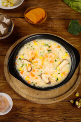 Chinese Shrimp and Mushroom Congee with Seasonal Vegetables Breakfast