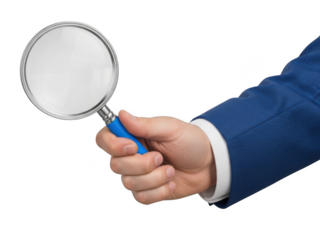 Businessman's hand holding a magnifying glass for close up view