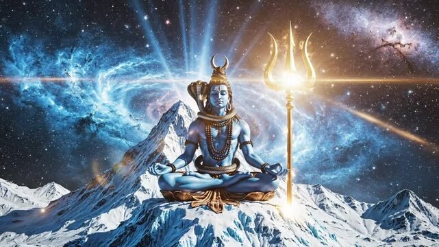  Lord Shiva Meditating on Snowy Mount Kailash Under Cosmic Galaxy - Hindu Mythology and Spiritual Power