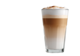 Tall glass with layered creamy beverage, white foam, and caramel drizzle