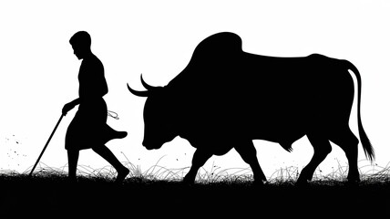 Indian Farmer with Bull Silhouette in Rural Agriculture Landscape