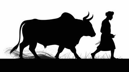 Indian Farmer with Bull Silhouette in Rural Agriculture Landscape