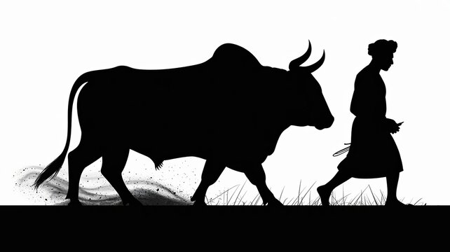 Indian Farmer with Bull Silhouette in Rural Agriculture Landscape