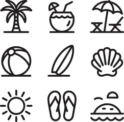 Outline icons set representing summer vacation beach activities and tropical holiday items